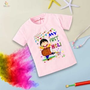 Holi T-shirt for Kids Unisex Holi Topwear Outfit Printed Half Sleeve Tshirt Dress for Boy n Girl "My First Holi with Music"