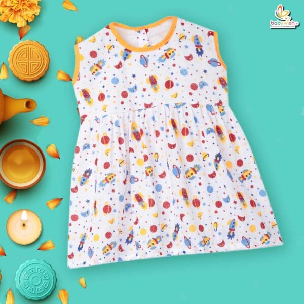 Babywish Baby Girl Cotton Frock Newborn Girl Knee Length Sleeveless Dress Space Theme Theme Printed