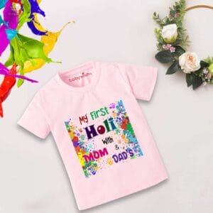 Holi T-shirt for Kids Unisex Holi Topwear Outfit Printed Half Sleeve Tshirt Dress for Boy n Girl "Holi With Mom & Dad"
