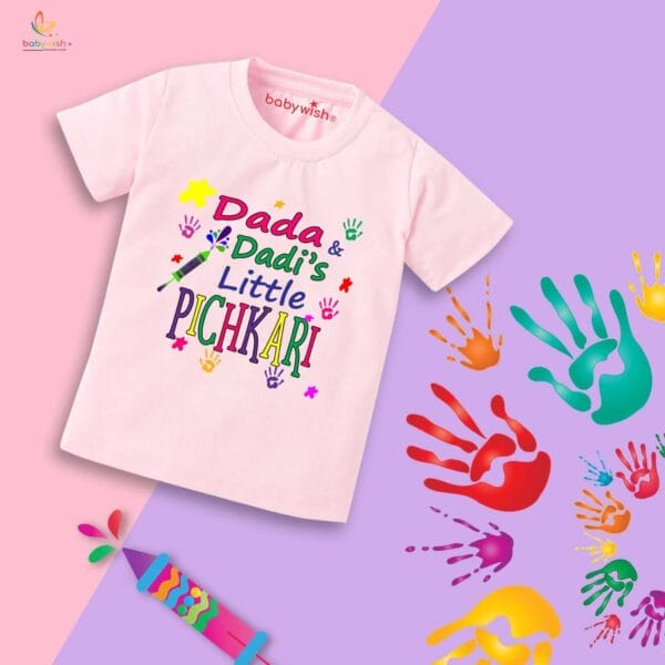 Holi T-shirt for Kids Unisex Holi Topwear Outfit Printed Half Sleeve Tshirt Dress for Boy n Girl "Grandpa's Little Pichkari" - Image 3