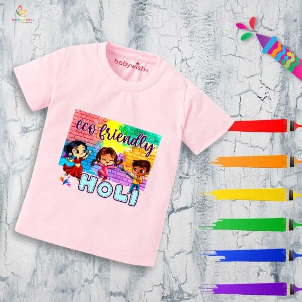 Holi T-shirt for Kids Unisex Holi Topwear Outfit Printed Half Sleeve Tshirt Dress for Boy n Girl "Play Ecofriendly Holi" - Image 3