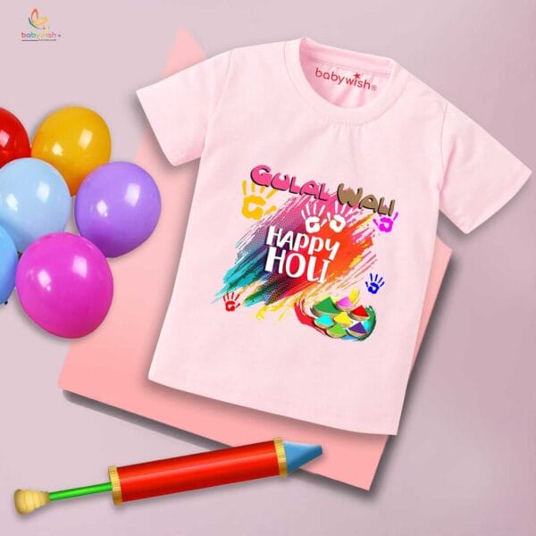 Holi T-shirt for Kids Unisex Holi Topwear Outfit Printed Half Sleeve Tshirt Dress for Boy n Girl "Gulal Wali Happy Holi" - Image 3