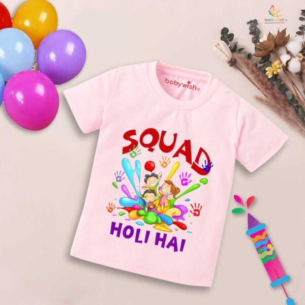 Holi T-shirt for Kids Unisex Holi Topwear Outfit Printed Half Sleeve Tshirt Dress for Boy n Girl "Squad me Holi" - Image 3