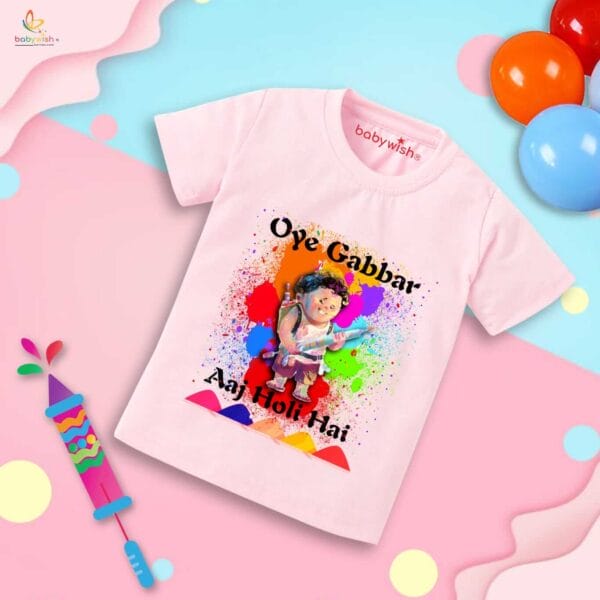 Holi T-shirt for Kids Unisex Holi Topwear Outfit Printed Half Sleeve Tshirt Dress for Boy n Girl "Oye Gabbar Aaj Holi Hai"