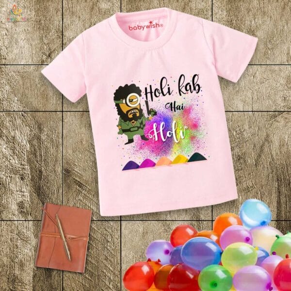 Holi T-shirt for Kids Unisex Holi Topwear Outfit Printed Half Sleeve Tshirt Dress for Boy n Girl "Gabbar printed on Holi" - Image 3