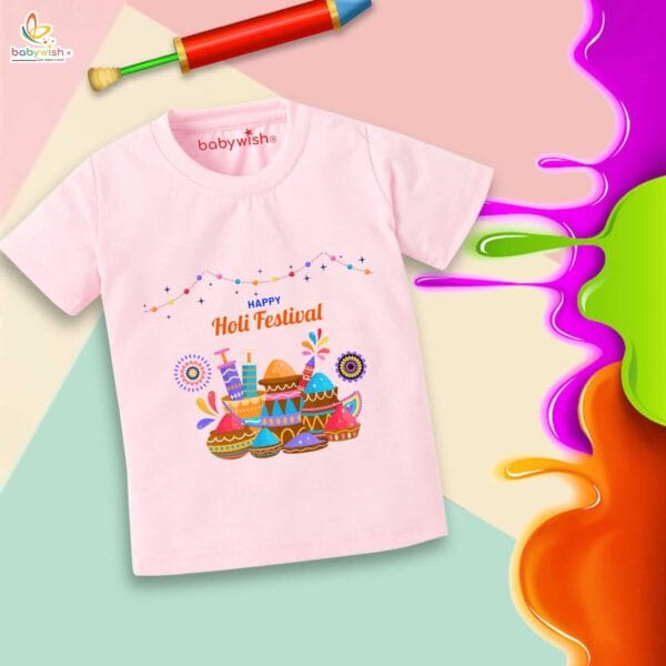 Holi T-shirt for Kids Unisex Holi Topwear Outfit Printed Half Sleeve Tshirt Dress for Boy n Girl"Happy Holi Festivals Watergun" - Image 2