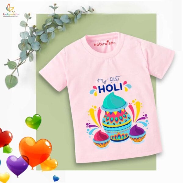 Holi T-shirt for Kids Unisex Holi Topwear Outfit Printed Half Sleeve Tshirt Dress for Boy n Girl"First Colorful Holi" - Image 2