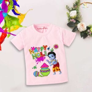 Holi T-shirt for Kids Unisex Holi Topwear Outfit Printed Half Sleeve Tshirt Dress for Boy n Girl"Holi Celebrations with Kanha"