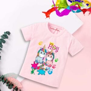 Holi T-shirt for Kids Unisex Holi Topwear Outfit Printed Half Sleeve Tshirt Dress for Boy n Girl"Holi Celebrations with Unicorn"