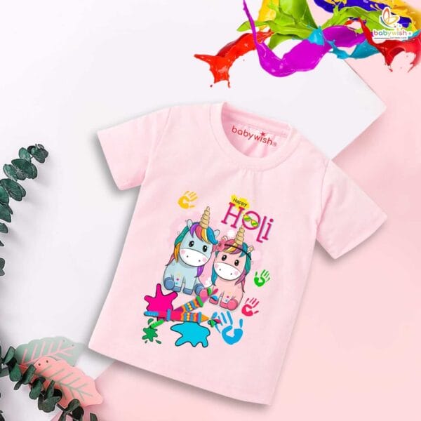 Holi T-shirt for Kids Unisex Holi Topwear Outfit Printed Half Sleeve Tshirt Dress for Boy n Girl"Holi Celebrations with Unicorn"