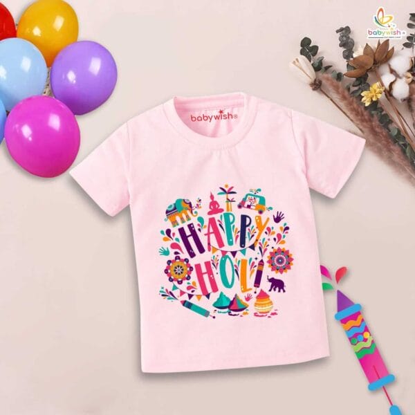 Holi T-shirt for Kids Unisex Holi Topwear Outfit Printed Half Sleeve Tshirt Dress for Boy n Girl"Happy Holi Jungle Print" - Image 3