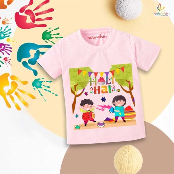 Holi T-shirt for Kids Unisex Holi Topwear Outfit Printed Half Sleeve Tshirt Dress for Boy n Girl"Happy Holi Hai Dosto" - Image 3