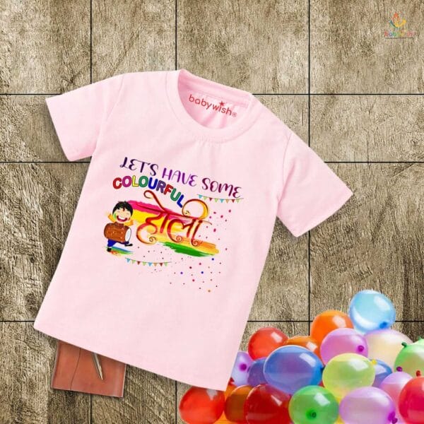 Holi T-shirt for Kids Unisex Holi Topwear Outfit Printed Half Sleeve Tshirt Dress for Boy n Girl "Let's Have Some Colorful Festival" - Image 2