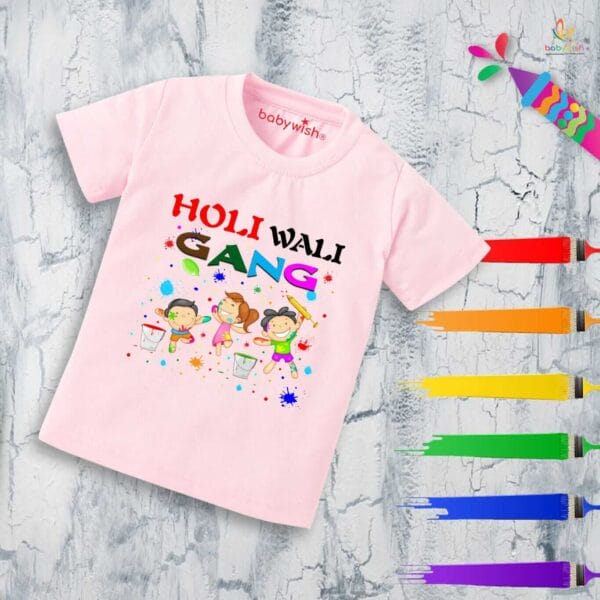 Holi T-shirt for Kids Unisex Holi Topwear Outfit Printed Half Sleeve Tshirt Dress for Boy n Girl "Holi Wali Gang" - Image 2