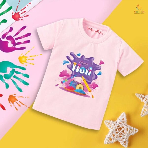 Holi T-shirt for Kids Unisex Holi Topwear Outfit Printed Half Sleeve Tshirt Dress for Boy n Girl "Flying Holi Color" - Image 2