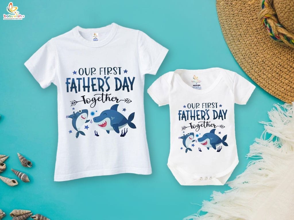 Fathers Day Special Combo White T-Shirts and Romper Sets for Father and baby Combo Pack of 2 | Our First Father's Day Together Shark Print|