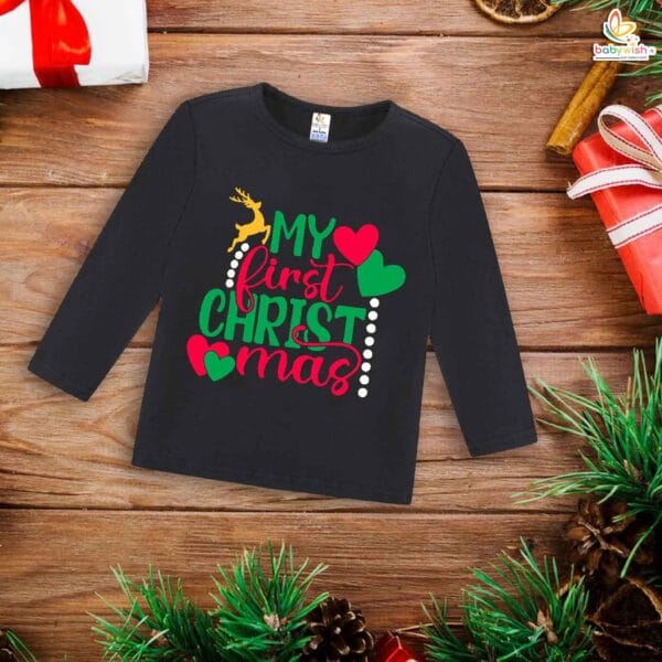 My First Christmas T-Shirt | My First Christmas Heart Print Full Sleeve Baby Tee for Boys & Girls | Cute Holiday Outfit – Babywish - Image 4