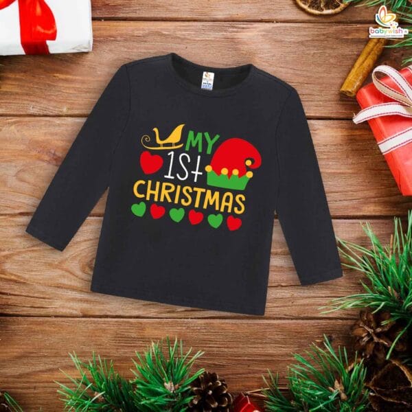My First Christmas T-Shirt | Santa Hat Print Full Sleeve Baby Tee | Festive Holiday Outfit for Boys & Girls – Babywish - Image 3