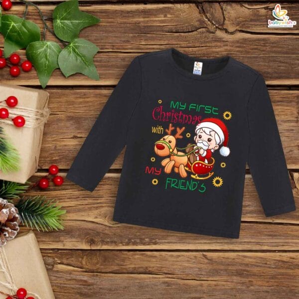 My First Christmas T-Shirt | Full Sleeve Baby Tee – Celebrating First Christmas with Friends | Festive Outfit for Boys & Girls – Babywish - Image 3