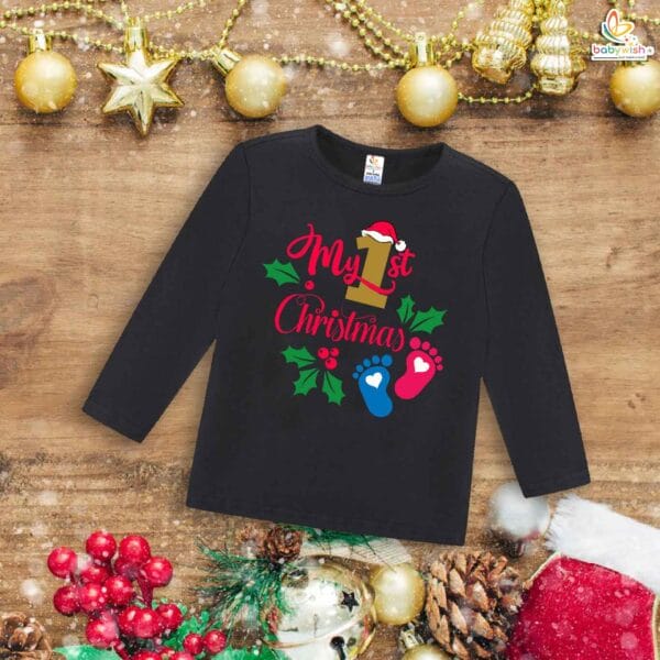 My First Christmas T-Shirt | Adorable Footprint Design Full Sleeve Baby Tee | Festive Holiday Outfit for Boys & Girls – Babywish - Image 4