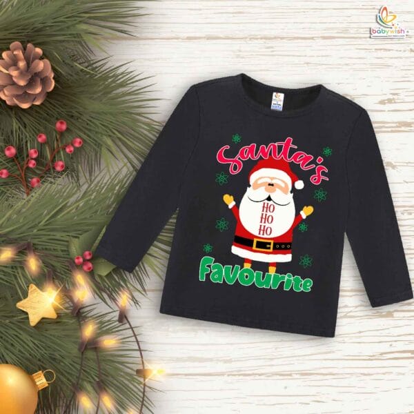 My First Christmas T-Shirt | Santa’s Favourite HO HO HO Print Full Sleeve Baby Tee | Cute Holiday Outfit for Boys & Girls – Babywish - Image 3