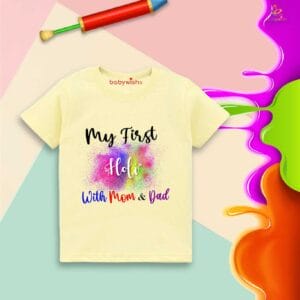 Holi T-shirt for Kids Unisex Holi Topwear Outfit Printed Half Sleeve Tshirt Dress for Boy n Girl "My First Holi With Mom & Dad"