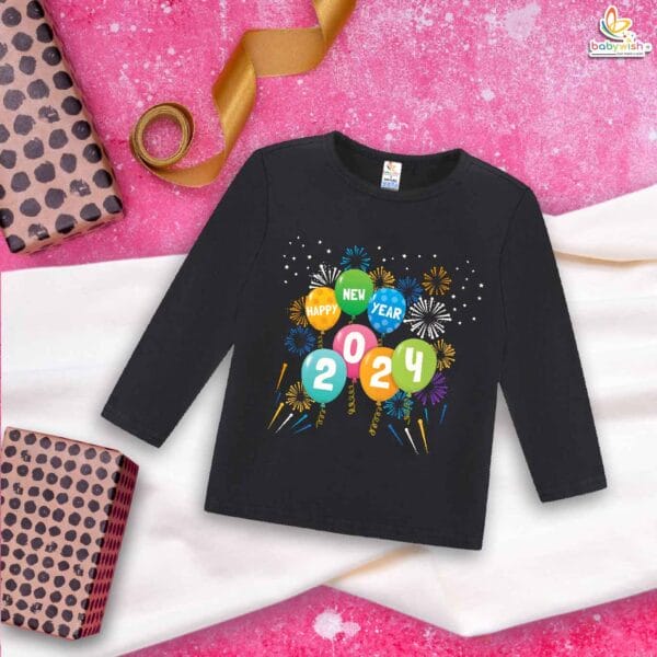My First New Year T-Shirt | Happy New Year Firecrackers Balloon Print Full Sleeve Baby Tee | Holiday Outfit for Boys & Girls – Babywish - Image 4