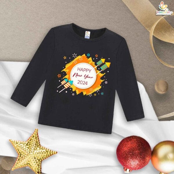 My First New Year T-Shirt | Happy New Year Firecracker Print Full Sleeve Baby Tee | Festive Winter Outfit for Boys & Girls – Babywish - Image 4