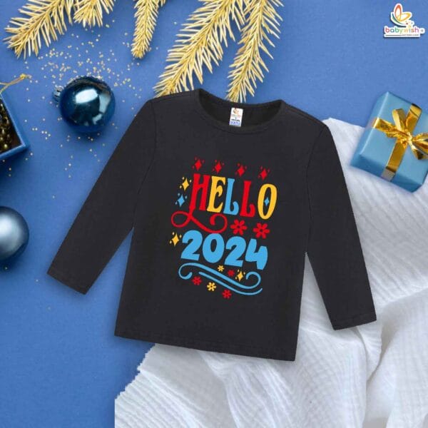 My First New Year T-Shirt | Hello Print Full Sleeve Baby Tee | Winter New Year Outfit for Baby Boys & Girls – Babywish - Image 4