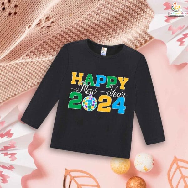 My First New Year T-Shirt | Happy New Year 2024 Print Full Sleeve Baby Tee | Winter Festive Outfit for Baby Boys & Girls – Babywish - Image 4