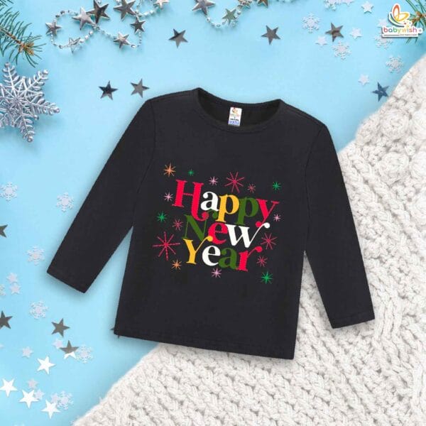My First New Year T-Shirt | Happy New Year Print Full Sleeve Baby Tee | Winter Celebration Outfit for Boys & Girls – Babywish - Image 4