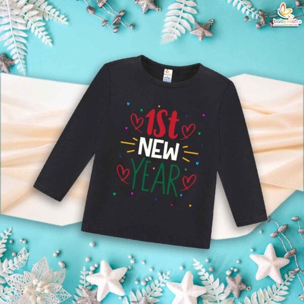My First New Year T-Shirt | 1st New Year Print Full Sleeve Baby Tee | Winter Celebration Outfit for Baby Boys & Girls – Babywish - Image 4