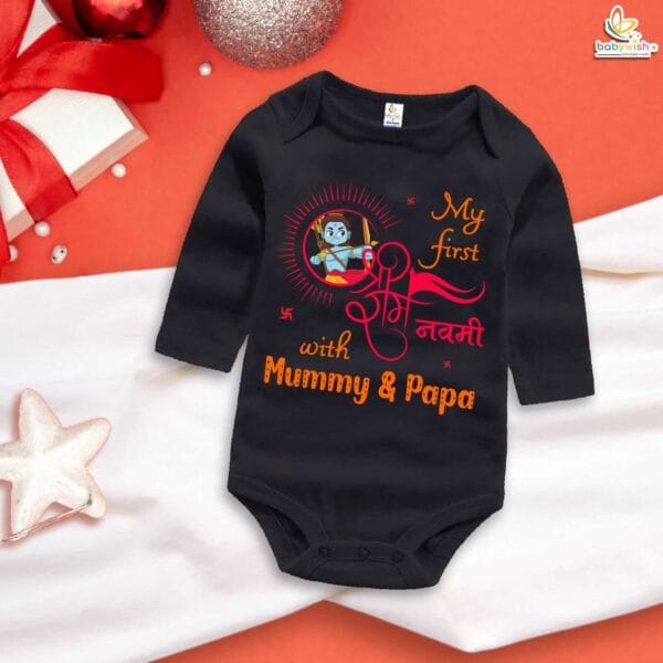 My First Ramnavmi Baby Romper – Full Sleeve Bodysuit “My First Ram Navami with Mummy & Papa” – Traditional Hindu Festival Outfit for Newborn or Infant – Babywish - Image 4