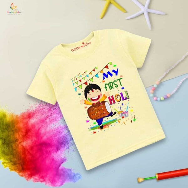 Holi T-shirt for Kids Unisex Holi Topwear Outfit Printed Half Sleeve Tshirt Dress for Boy n Girl "My First Holi with Music" - Image 2