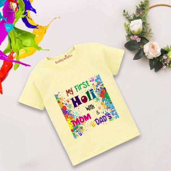 Holi T-shirt for Kids Unisex Holi Topwear Outfit Printed Half Sleeve Tshirt Dress for Boy n Girl "Holi With Mom & Dad" - Image 2