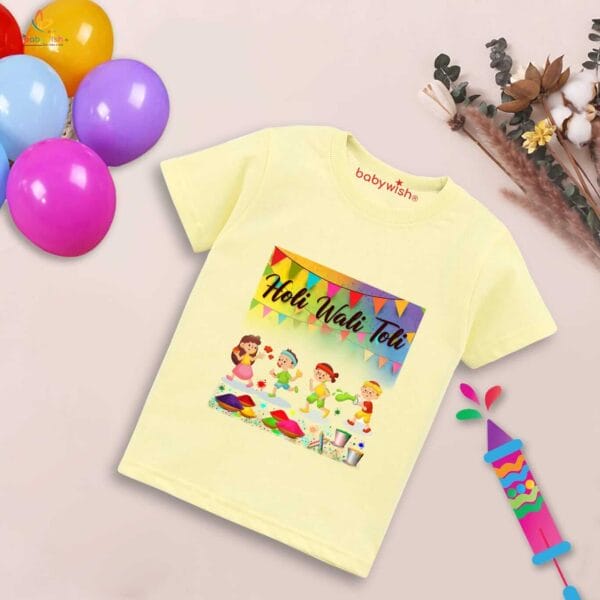 Holi T-shirt for Kids Unisex Holi Topwear Outfit Printed Half Sleeve Tshirt Dress for Boy n Girl "Holi wali toli" - Image 2