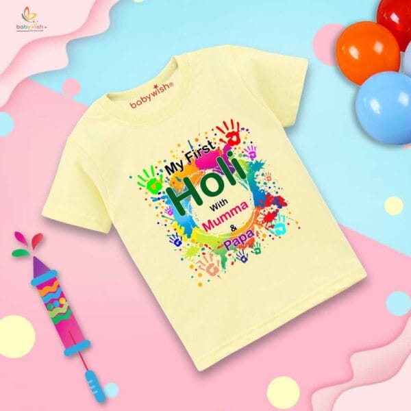 Holi T-shirt for Kids Unisex Holi Topwear Outfit Printed Half Sleeve Tshirt Dress for Boy n Girl "Holi with mumma" - Image 2