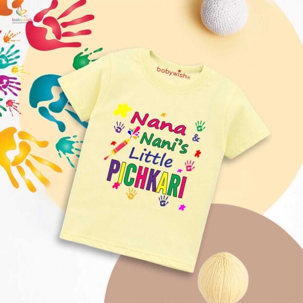 Holi T-shirt for Kids Unisex Holi Topwear Outfit Printed Half Sleeve Tshirt Dress for Boy n Girl "Nana's Nani Little Pichkari" - Image 4