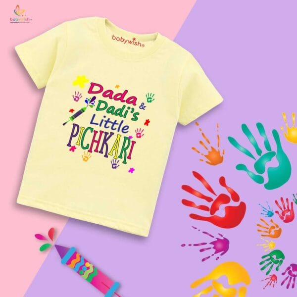 Holi T-shirt for Kids Unisex Holi Topwear Outfit Printed Half Sleeve Tshirt Dress for Boy n Girl "Grandpa's Little Pichkari" - Image 4
