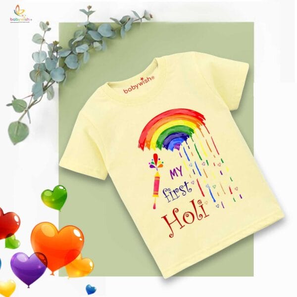 Holi T-shirt for Kids Unisex Holi Topwear Outfit Printed Half Sleeve Tshirt Dress for Boy n Girl "My First Holi Rainbow" - Image 2