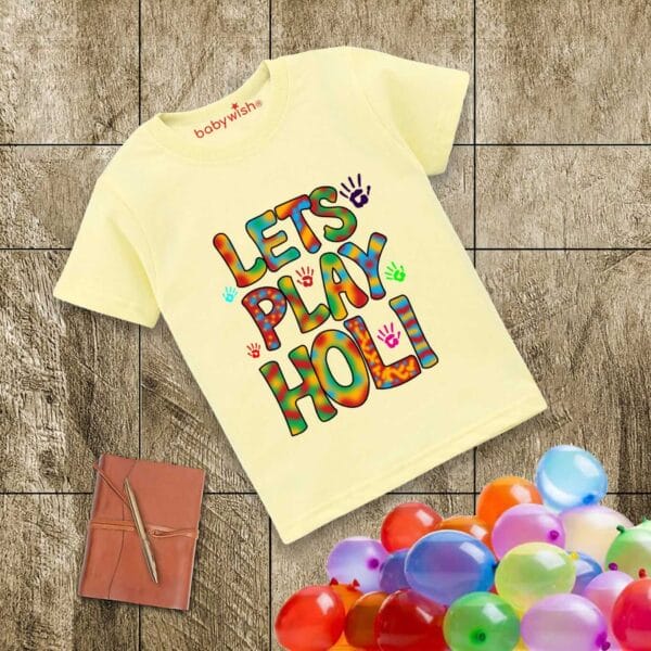 Holi T-shirt for Kids Unisex Holi Topwear Outfit Printed Half Sleeve Tshirt Dress for Boy n Girl "Lets Play Holi" - Image 2