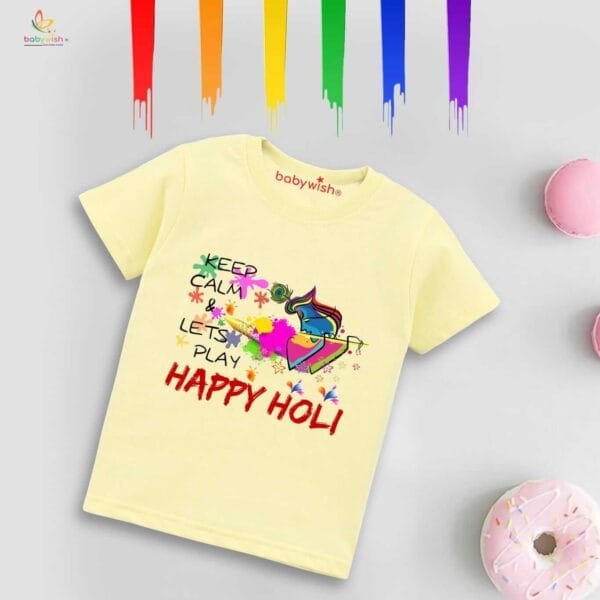 Holi T-shirt for Kids Unisex Holi Topwear Outfit Printed Half Sleeve Tshirt Dress for Boy n Girl "Keep Calm It's Holi" - Image 2