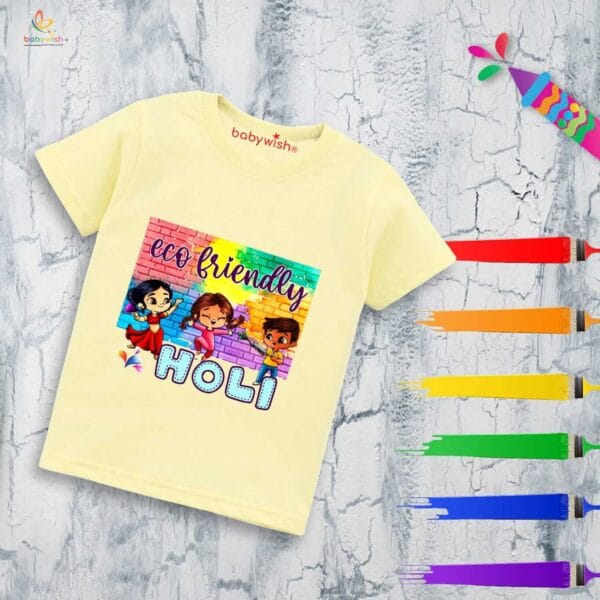 Holi T-shirt for Kids Unisex Holi Topwear Outfit Printed Half Sleeve Tshirt Dress for Boy n Girl "Play Ecofriendly Holi" - Image 2