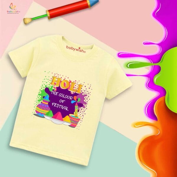 Holi T-shirt for Kids Unisex Holi Topwear Outfit Printed Half Sleeve Tshirt Dress for Boy n Girl "Holi is the Colorful Festivals" - Image 2