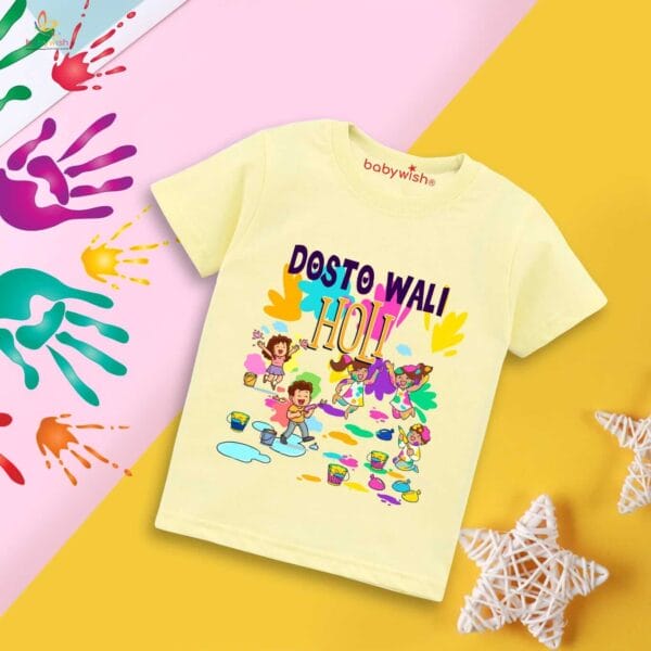Holi T-shirt for Kids Unisex Holi Topwear Outfit Printed Half Sleeve Tshirt Dress for Boy n Girl "Dosto Wali Group Holi" - Image 2