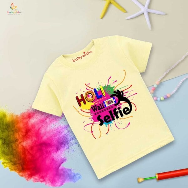 Holi T-shirt for Kids Unisex Holi Topwear Outfit Printed Half Sleeve Tshirt Dress for Boy n Girl "Holi Wali Selfie"