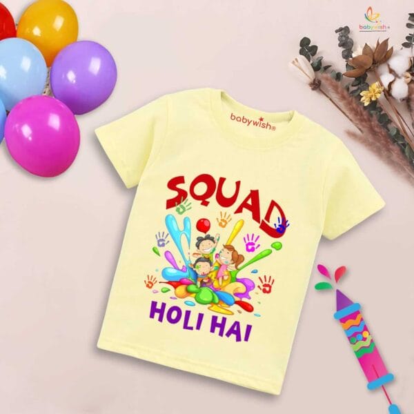 Holi T-shirt for Kids Unisex Holi Topwear Outfit Printed Half Sleeve Tshirt Dress for Boy n Girl "Squad me Holi" - Image 4