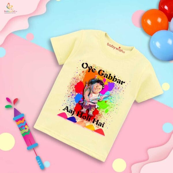Holi T-shirt for Kids Unisex Holi Topwear Outfit Printed Half Sleeve Tshirt Dress for Boy n Girl "Oye Gabbar Aaj Holi Hai" - Image 2