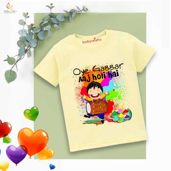 Holi T-shirt for Kids Unisex Holi Topwear Outfit Printed Half Sleeve Tshirt Dress for Boy n Girl "Oye Gabbar Aaj Colorful Holi Hai" - Image 2