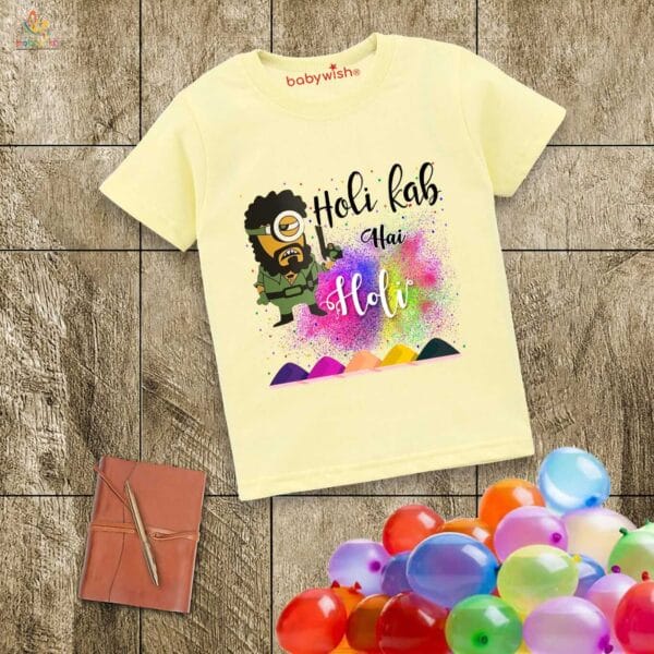 Holi T-shirt for Kids Unisex Holi Topwear Outfit Printed Half Sleeve Tshirt Dress for Boy n Girl "Gabbar printed on Holi" - Image 4
